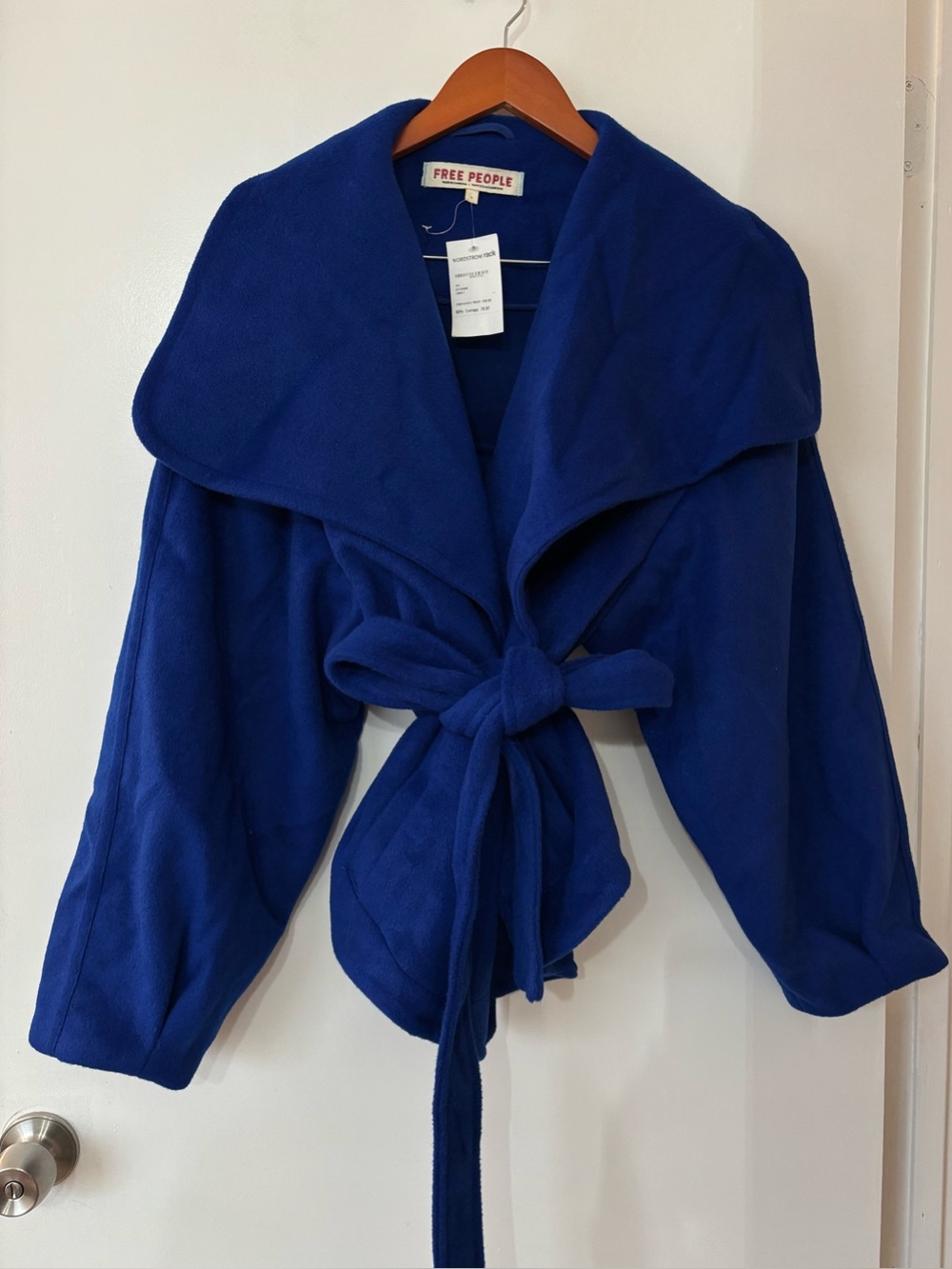 Free People Women Mina Shawl Collar Wrap Belt Cobalt Blue Jacket Size Large